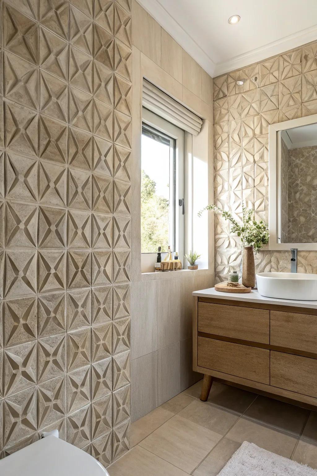 Raised facade tiles conjure a lively and captivating background in any bathroom.