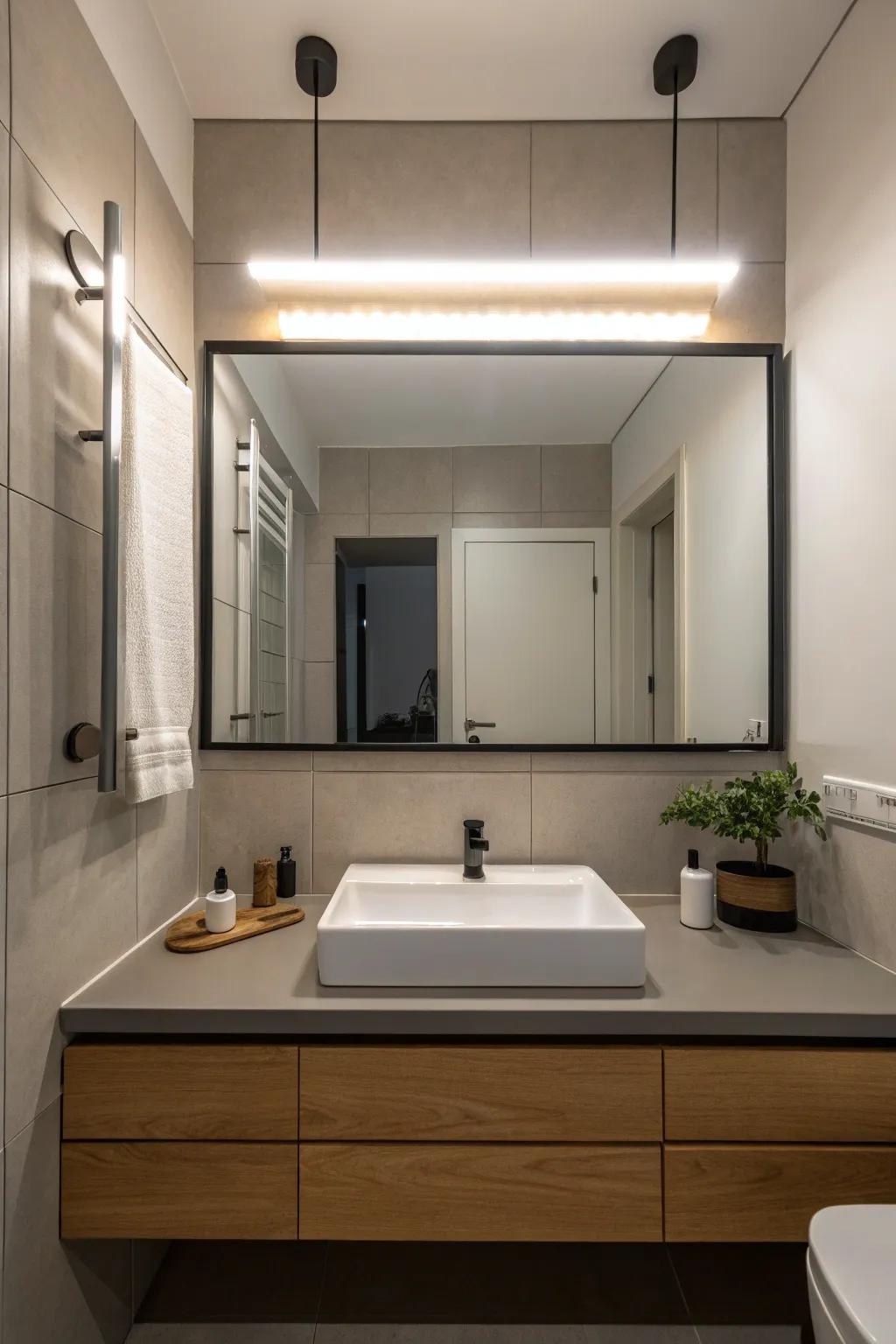 Light rods atop the mirror for a polished and up-to-date feel.