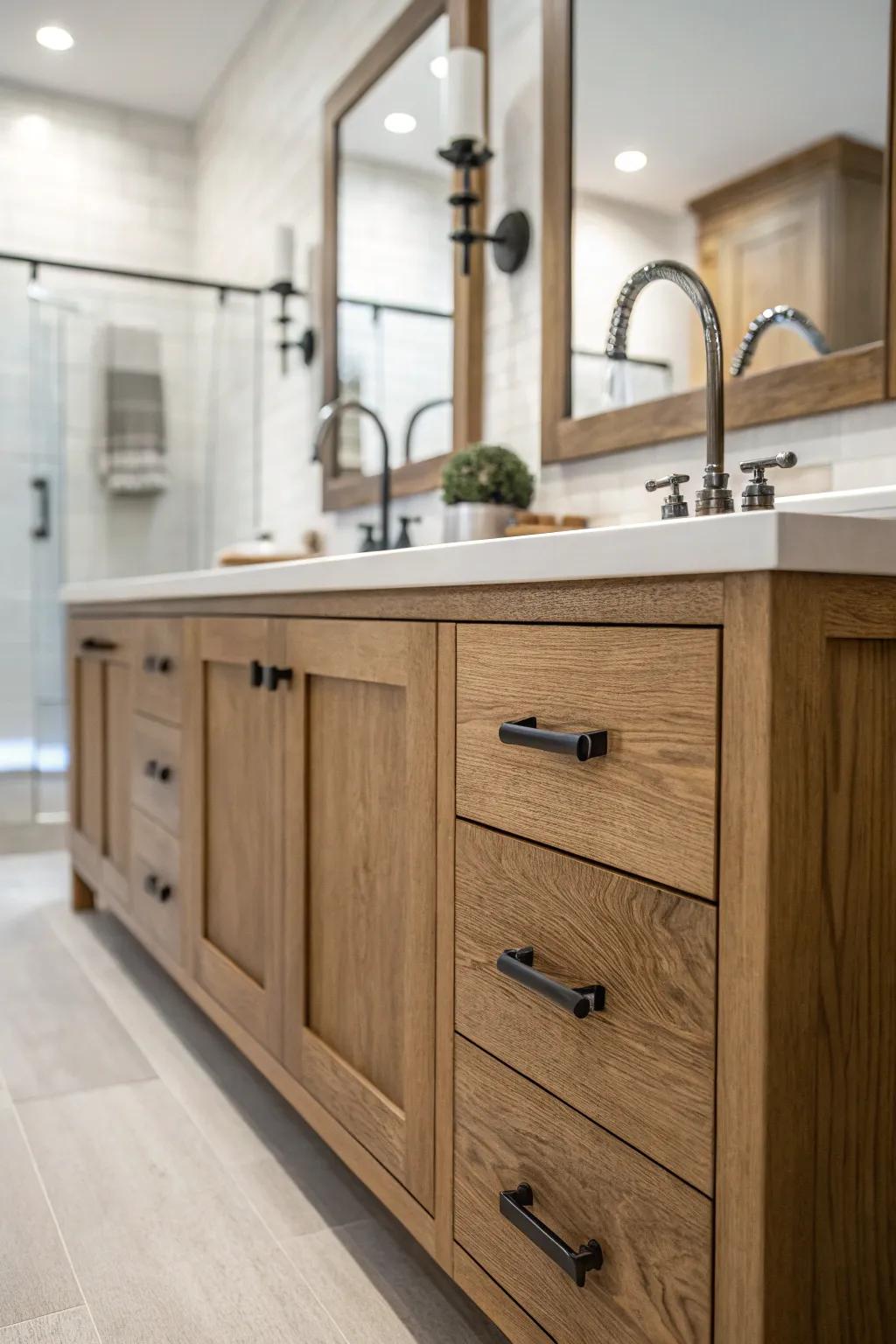 Strike a pleasing balance by mixing various materials in your bathroom's design.