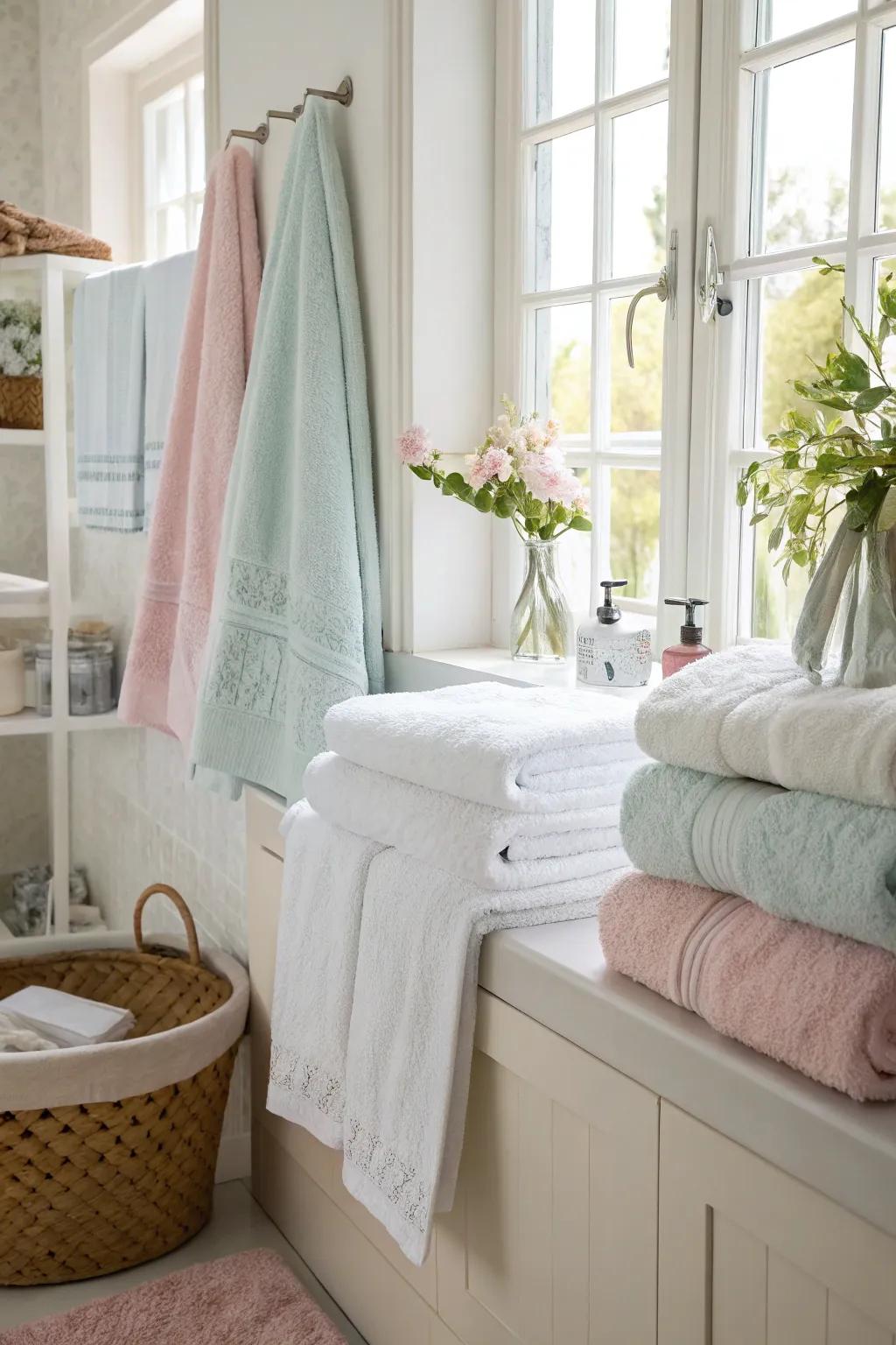 Alabaster and soft tone towels contribute a serene hint to your bathroom.