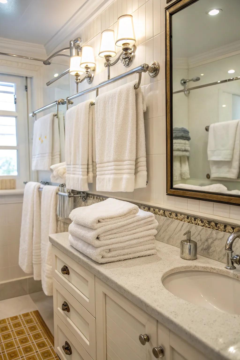 Display your towels tidily using rods and hooks.