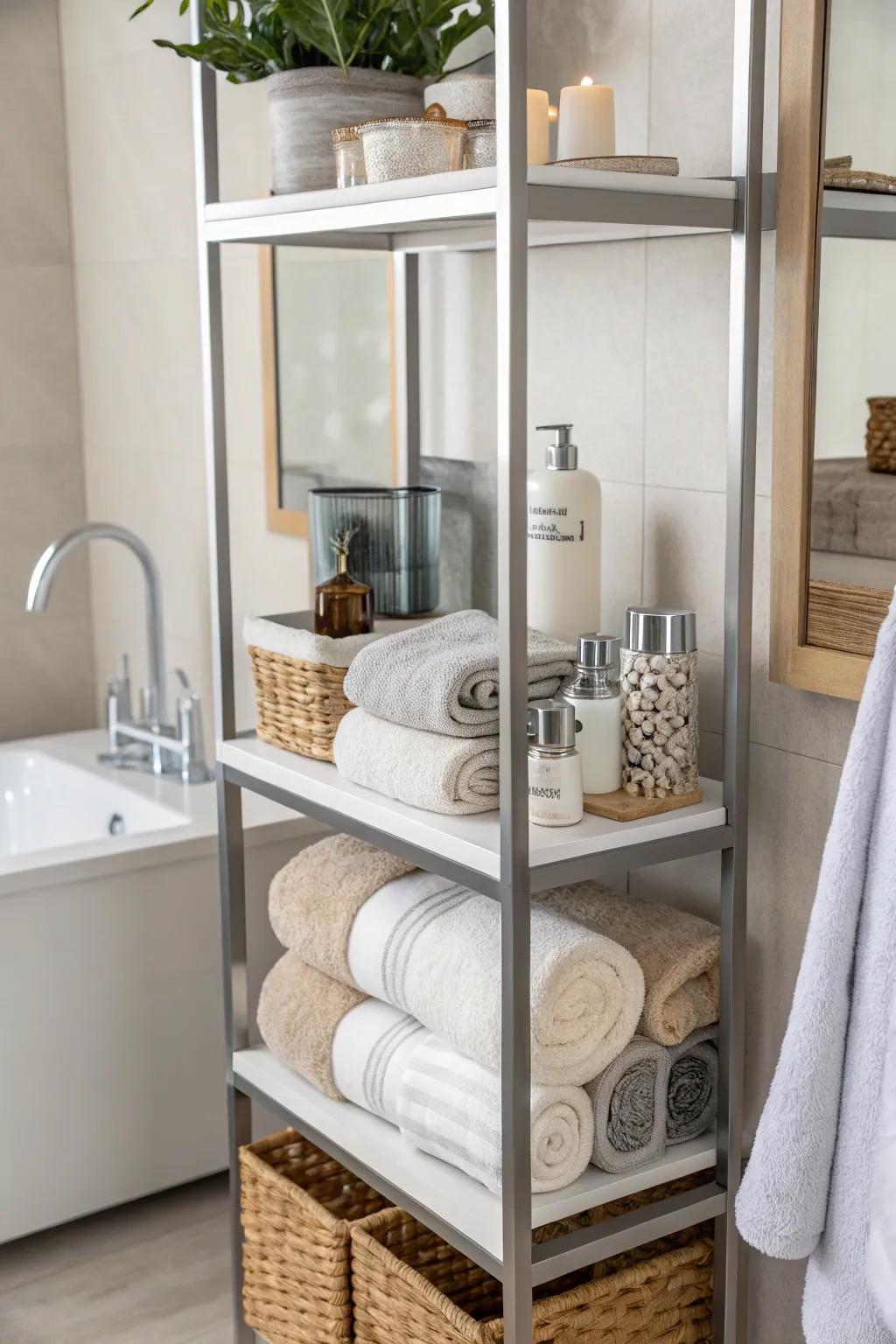 Maximize space with shelving that doubles as towel storage.