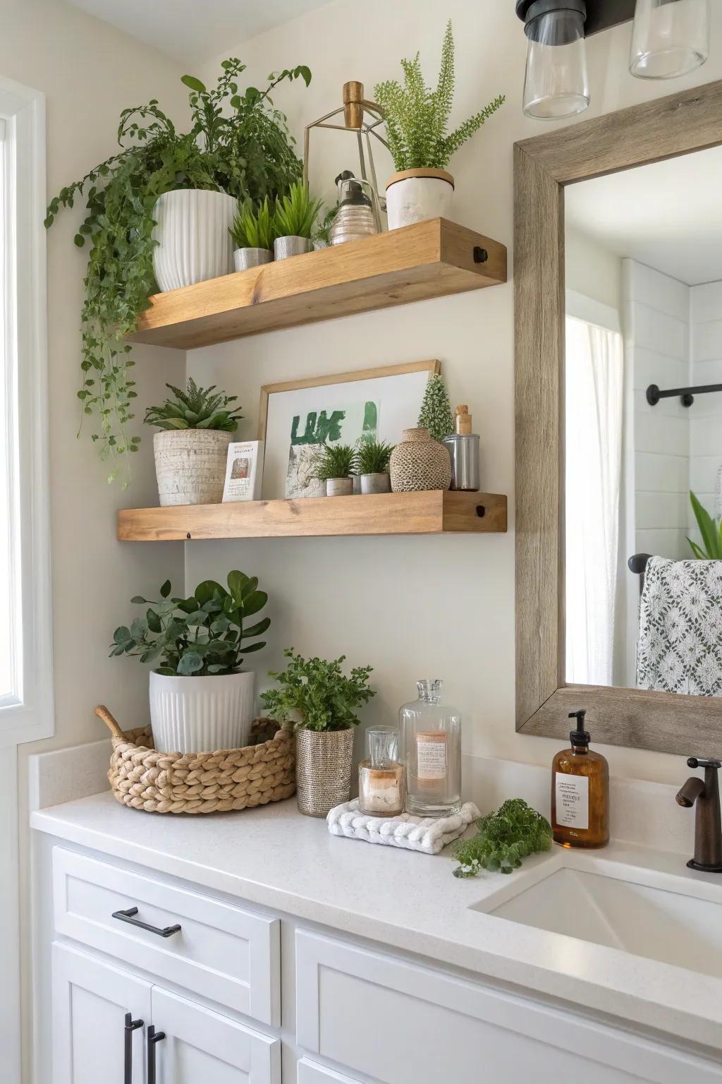 Floating shelves introduce additional storage and flair.