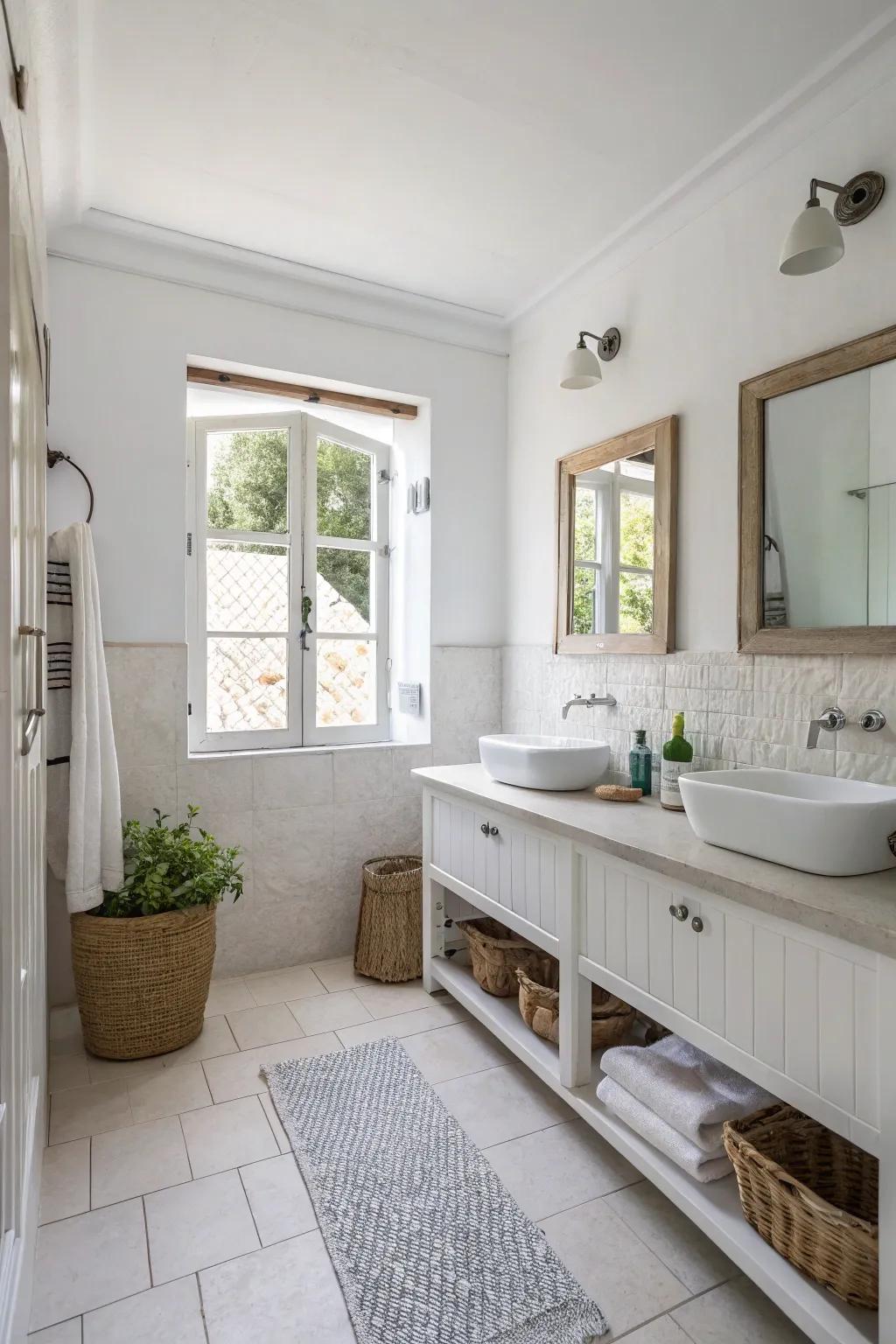 White and neutral shades craft a spacious and airy atmosphere in the bathroom.