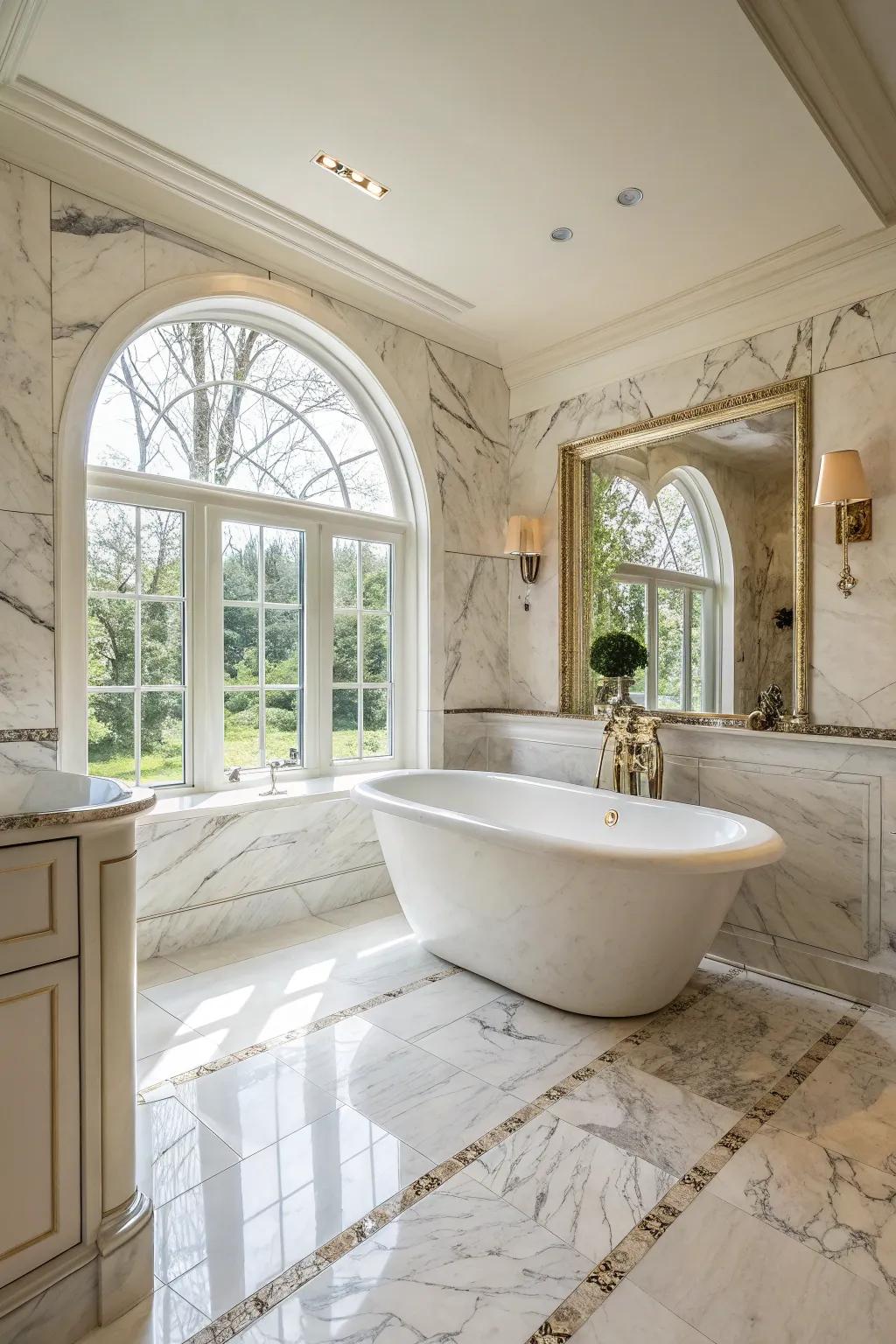 An extravagant bathroom showcasing a standalone tub overlaid with marble.