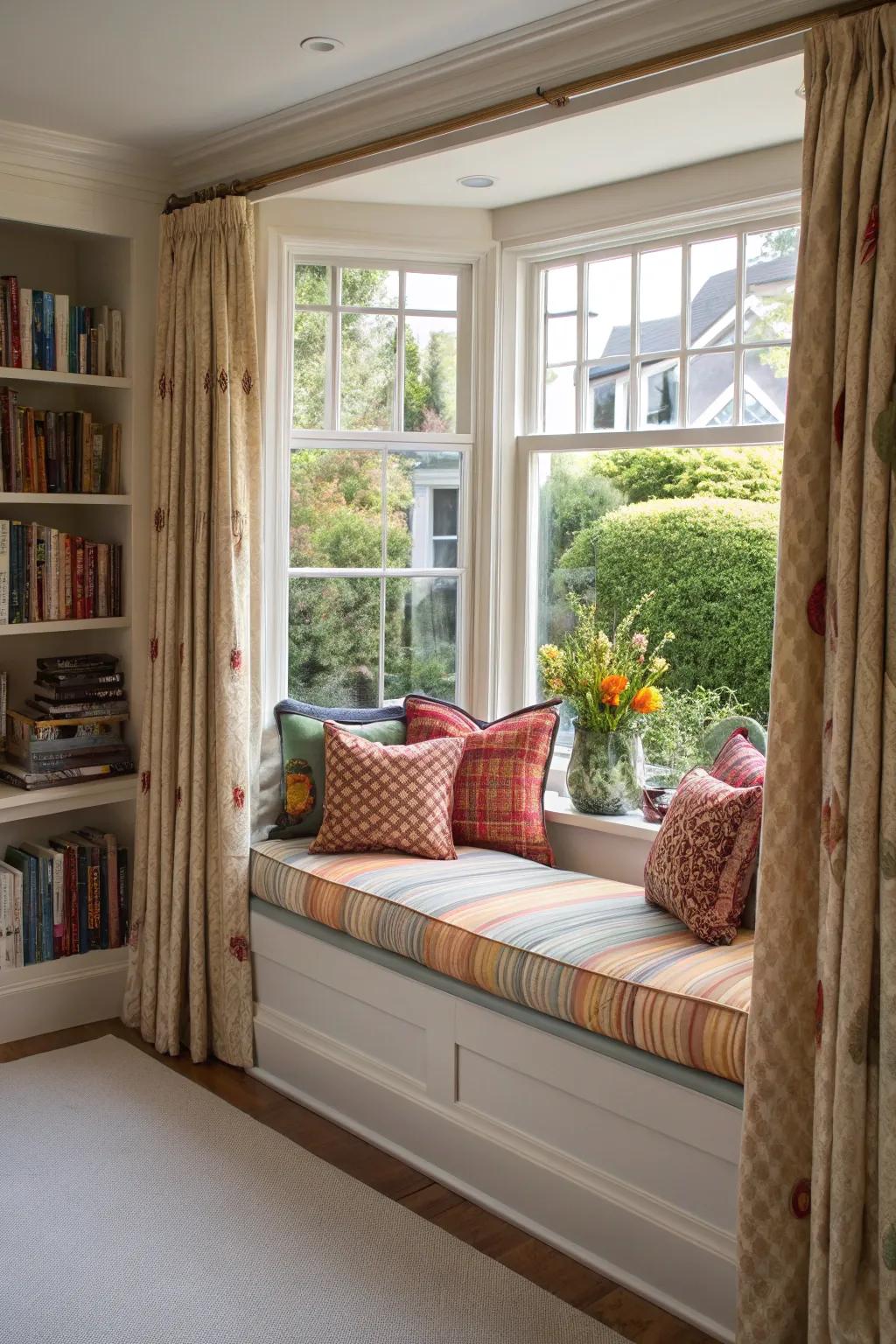 Design a snug spot with integrated seating and matching curtains.