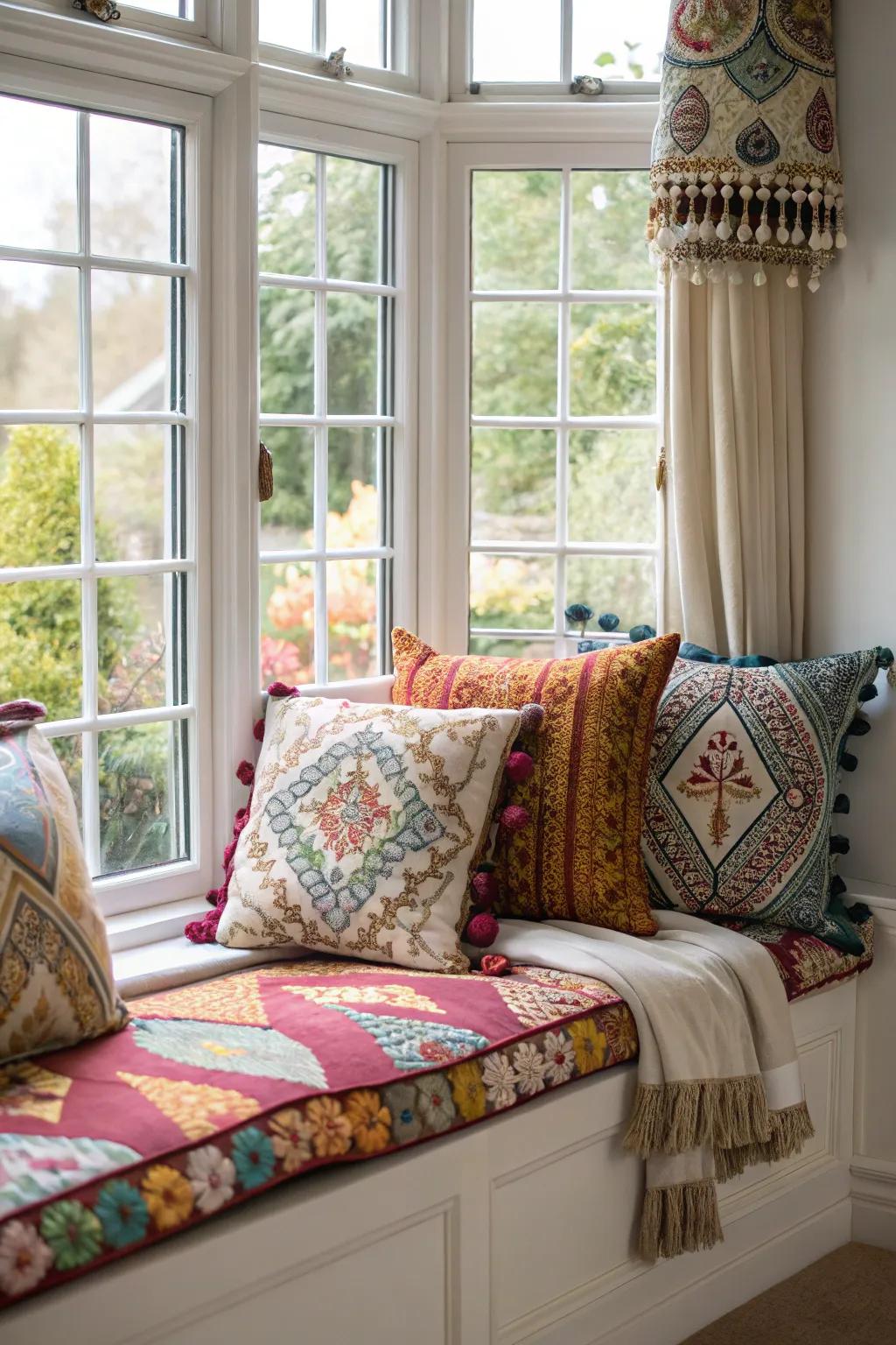 Add bohemian charm with a collection of eclectic patterned cushions.