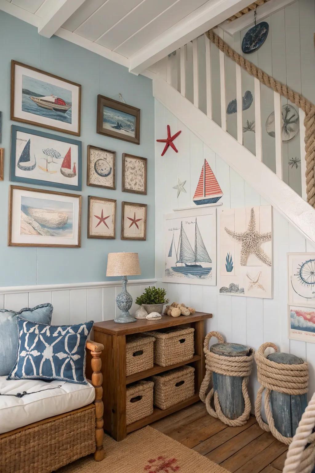 Nautical elements add a hint of the ocean to this beach house interior.