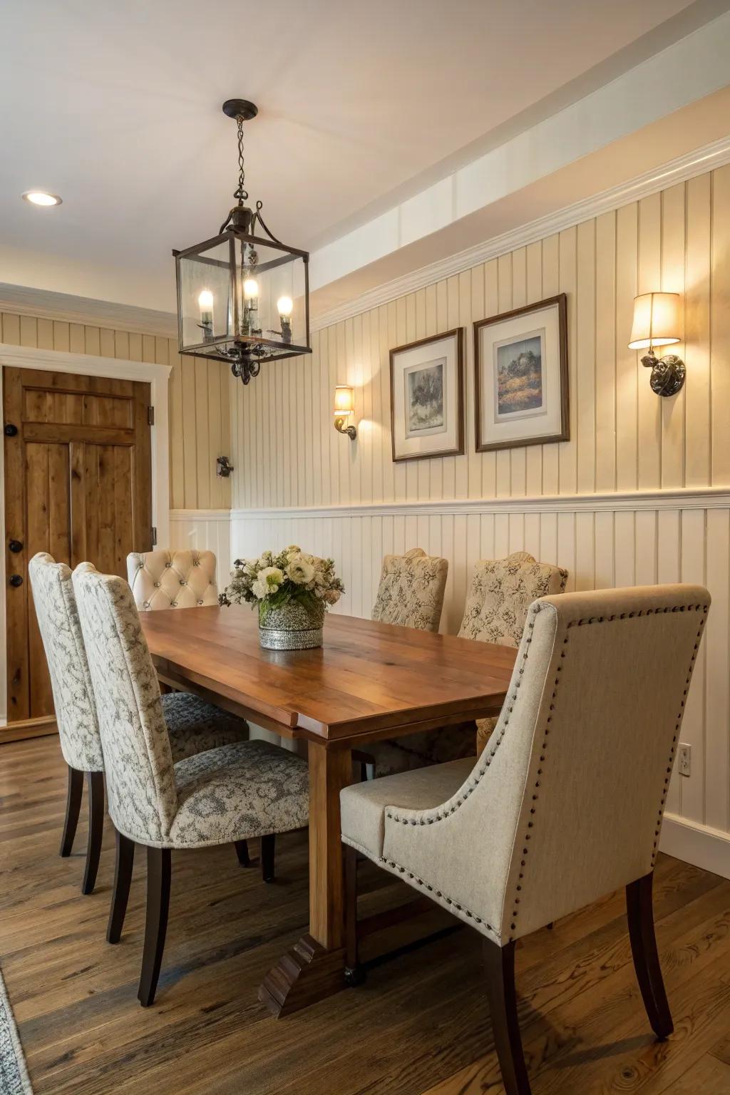 Grooved wall trim brings charm to dining spaces.