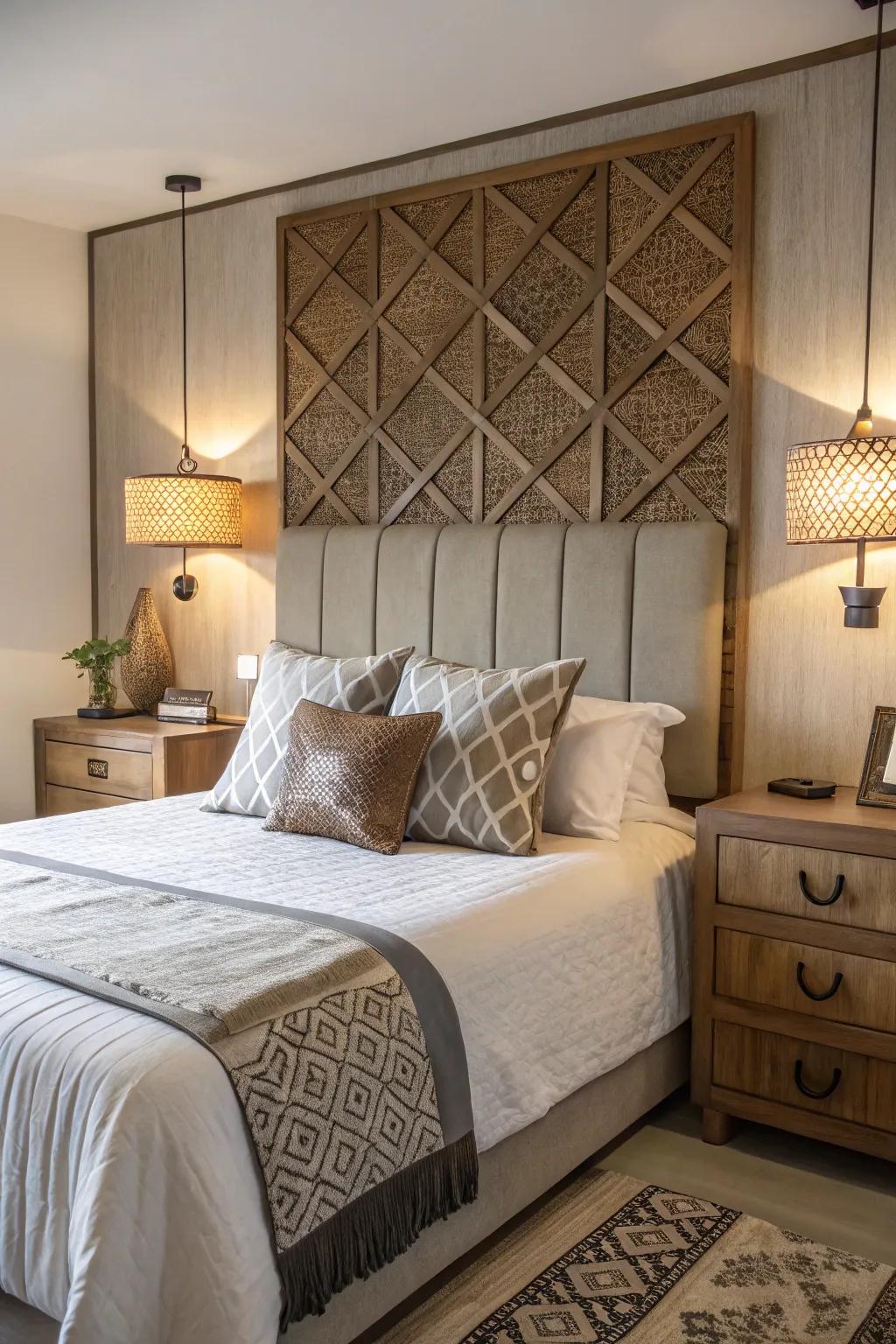 An innovative headboard functions as a captivating focal point in any bedroom.
