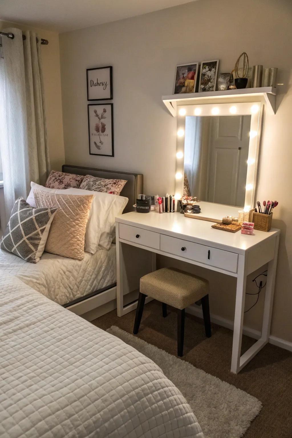 A dual-function corner featuring a bed and workspace.