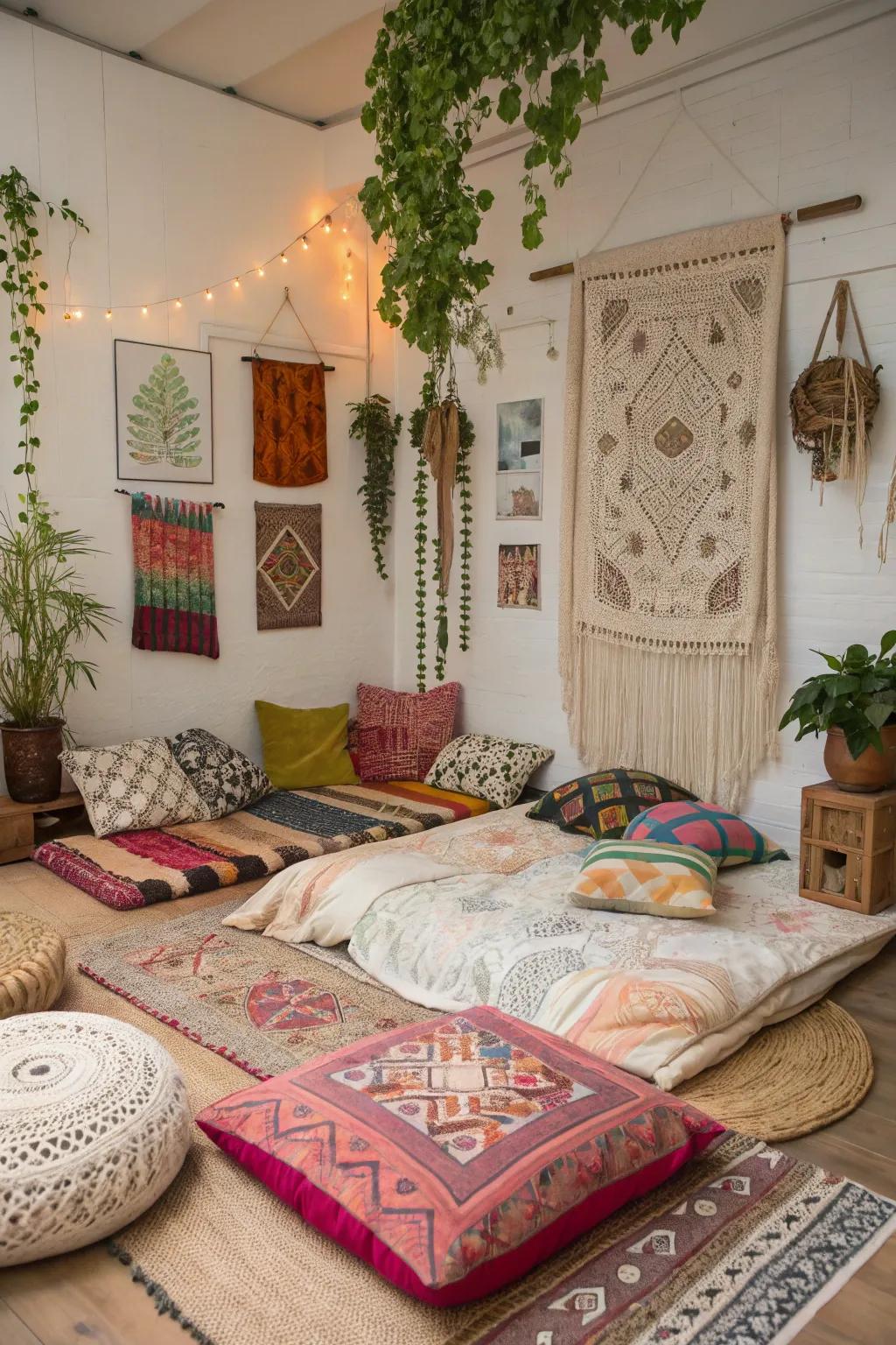 Enjoy bohemian charm with a textured floor bed setup.