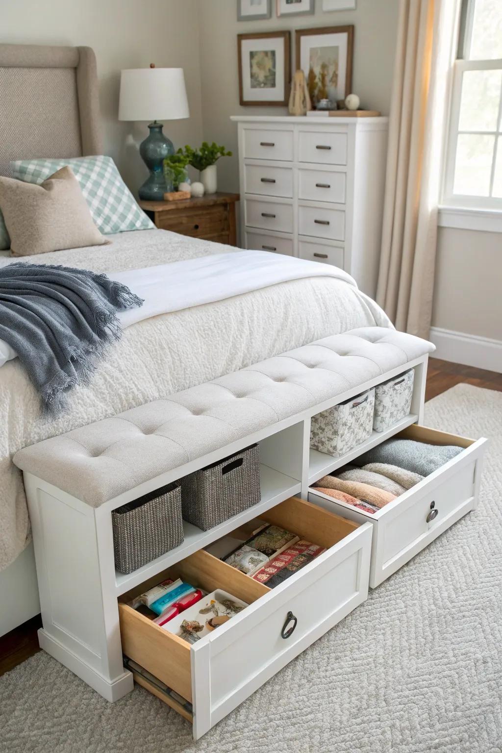 A storage bench helping keep your bedroom organized and clutter-free.