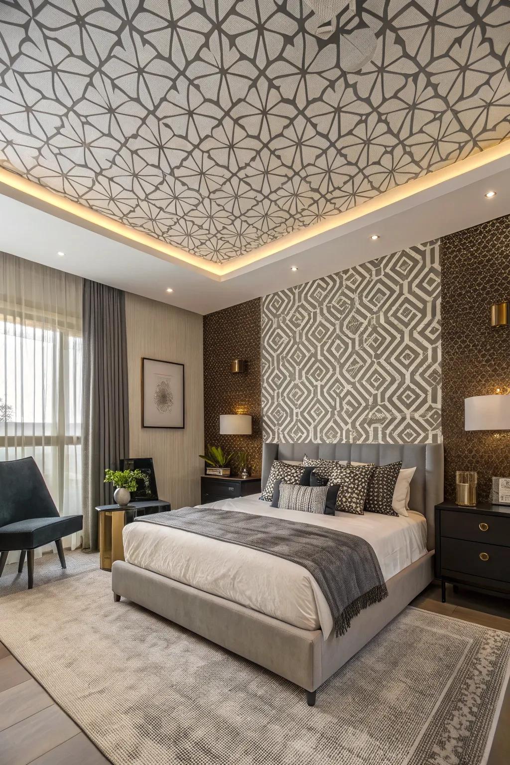 A wallpapered ceiling for transforming spaces.