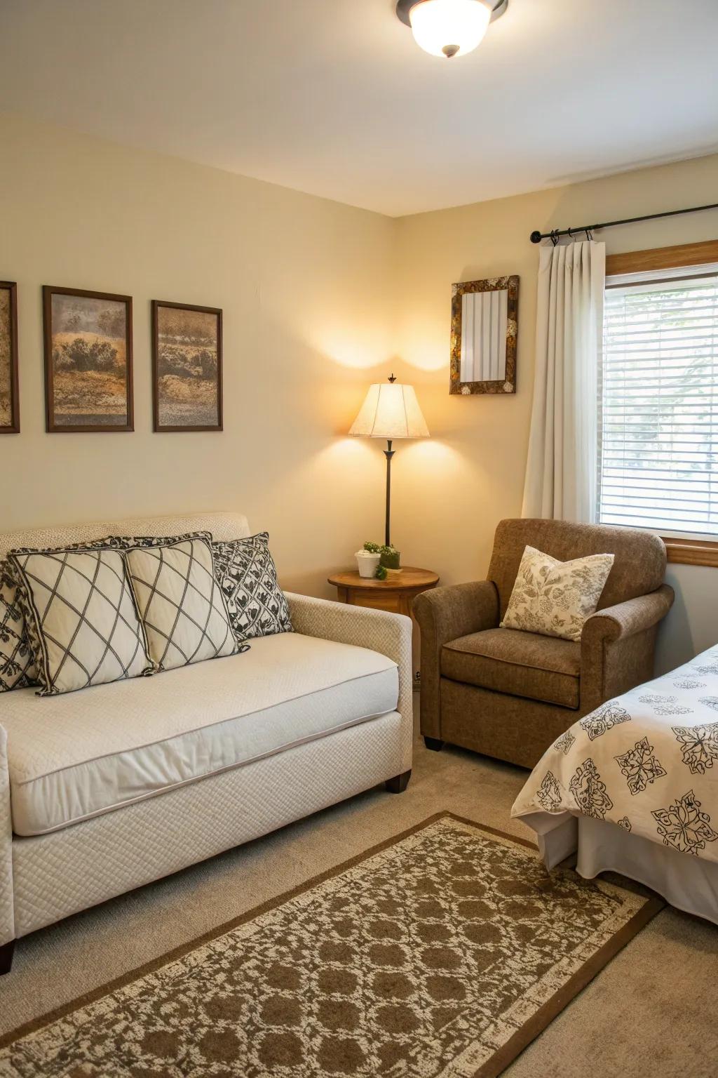 A small bedroom enhanced by a cozy loveseat, perfect for relaxation.