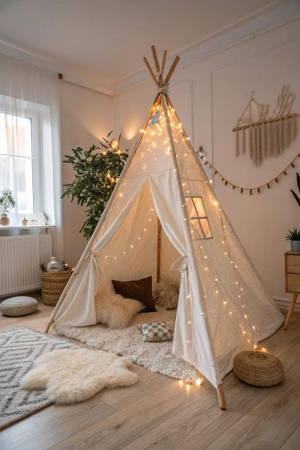 Produce your own fabled getaway using this stylish bohemian tent, ideal for an unadorned bedroom.