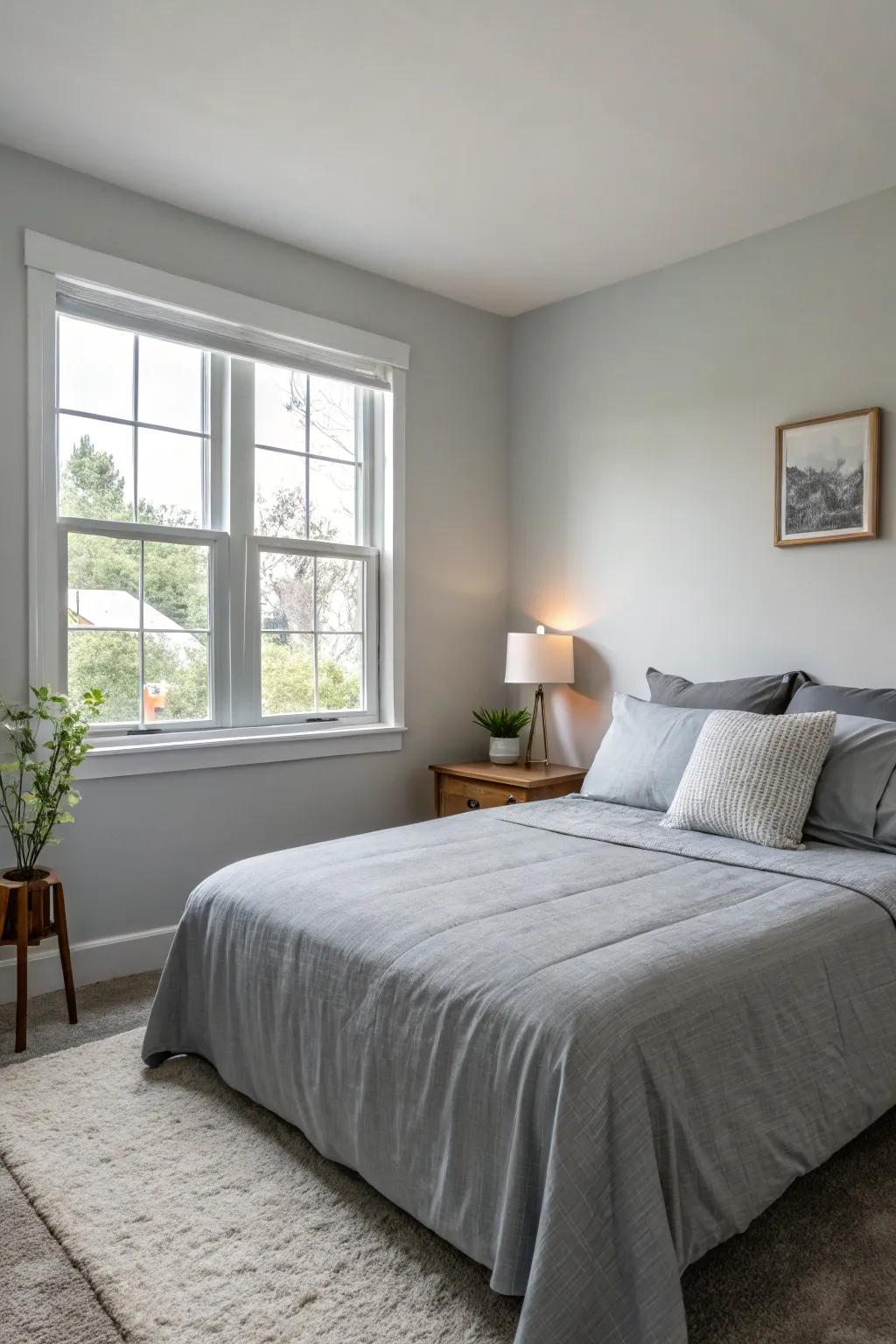 Simple, solid-colored bedding enhances the cohesive look of the room.