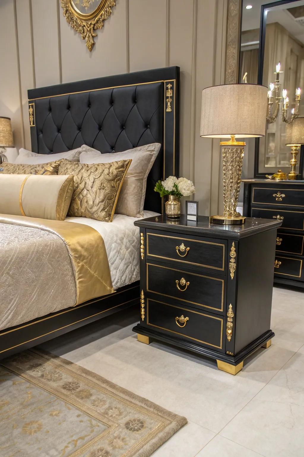 Gilded highlights lend a sumptuous feel to a bedroom enhanced with dark furnishings.