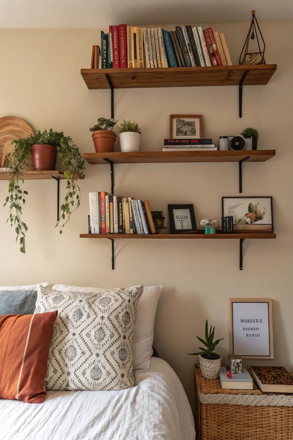 Wall-mounted shelves make efficient use of space with flair.