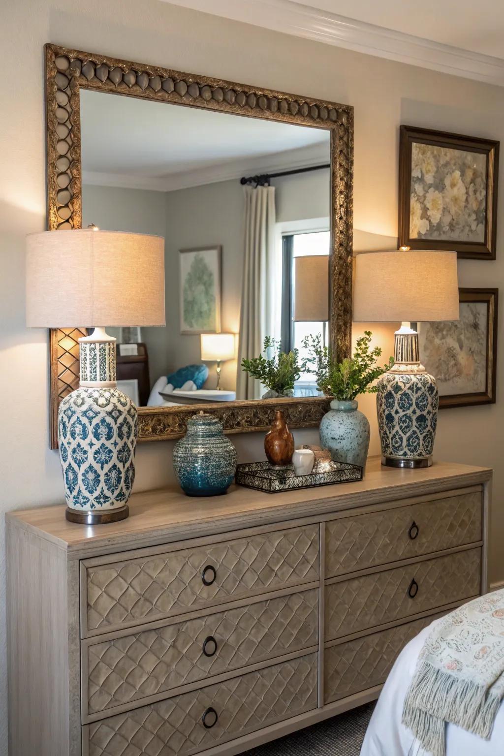 A dresser decorated with a mirror on top, which adds sophistication and function to the bedroom.