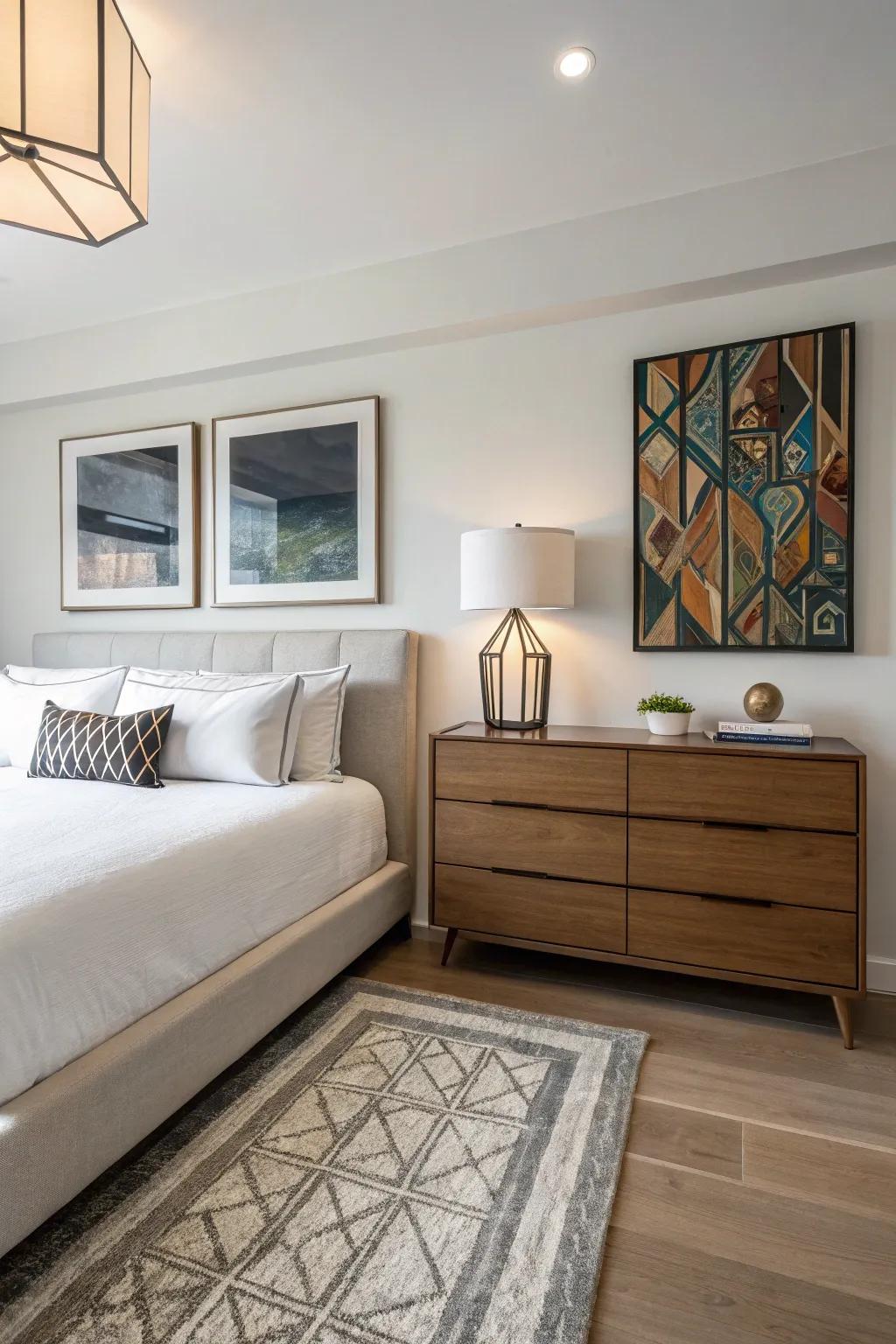 A modern bedroom with stylish decor.