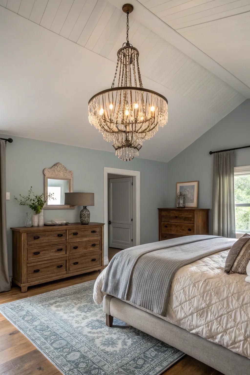 A distinct hanging light renders a striking declaration in this chamber.