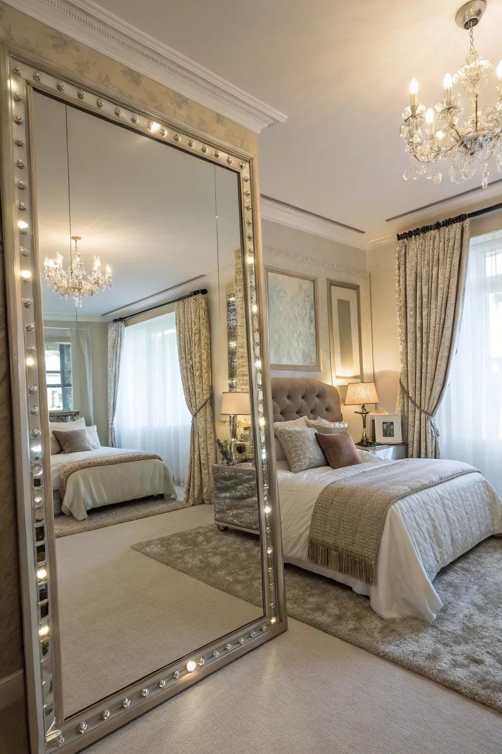 Strategic placement of mirrors brightens your bedroom while enhancing its decorative scheme.