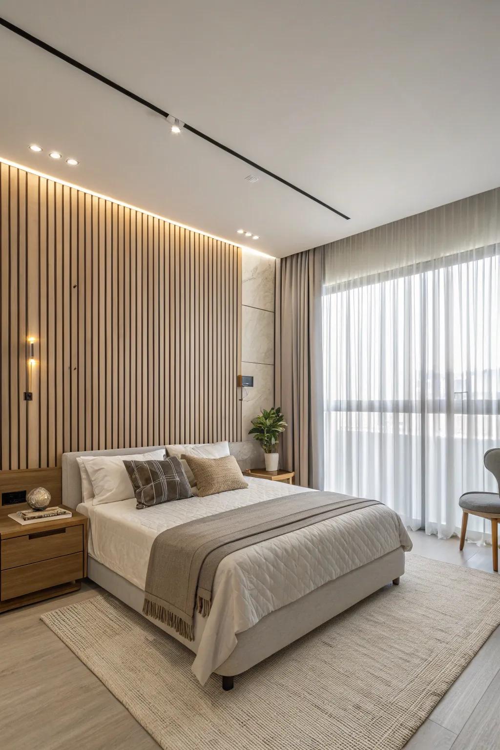 Vertical slats emphasize the feeling of height in your bedroom.