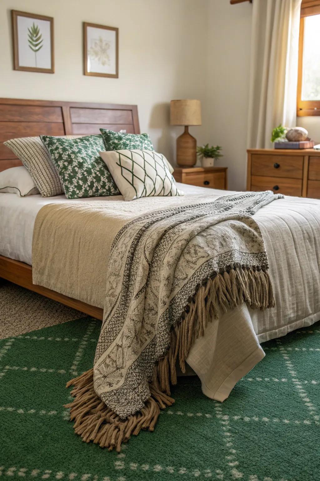 Varied textures in bedding complement the emerald floor covering, enriching depth and visual interest.
