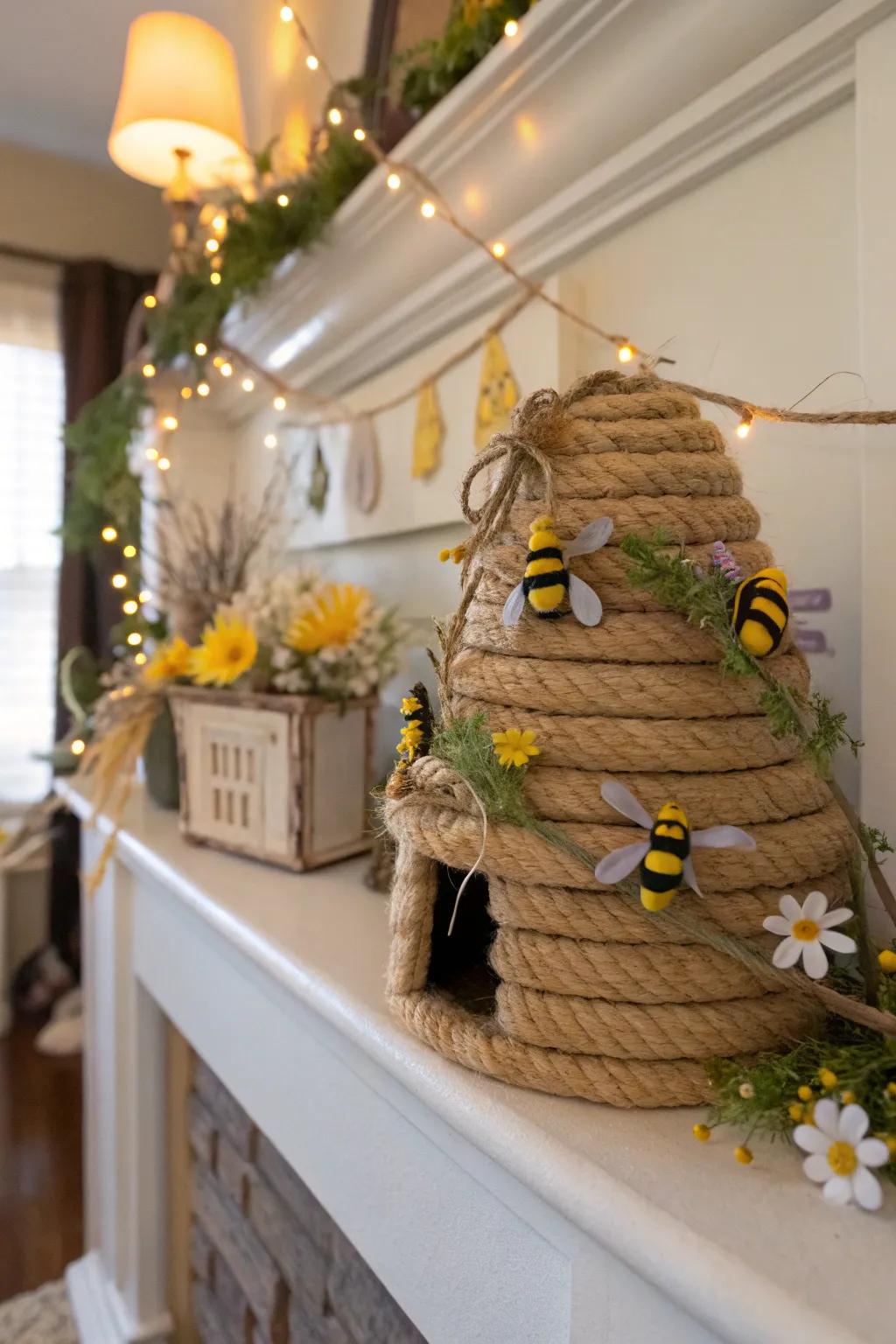 A countryside basket hive contributes charm to any fireplace mantel.
