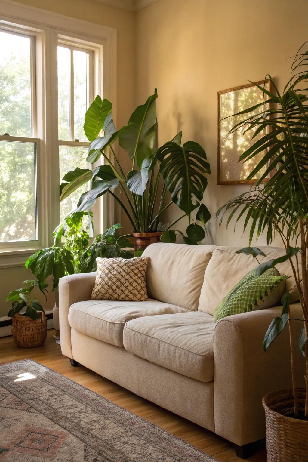 A revitalizing living area with a sand-toned sofa and flourishing greenery.