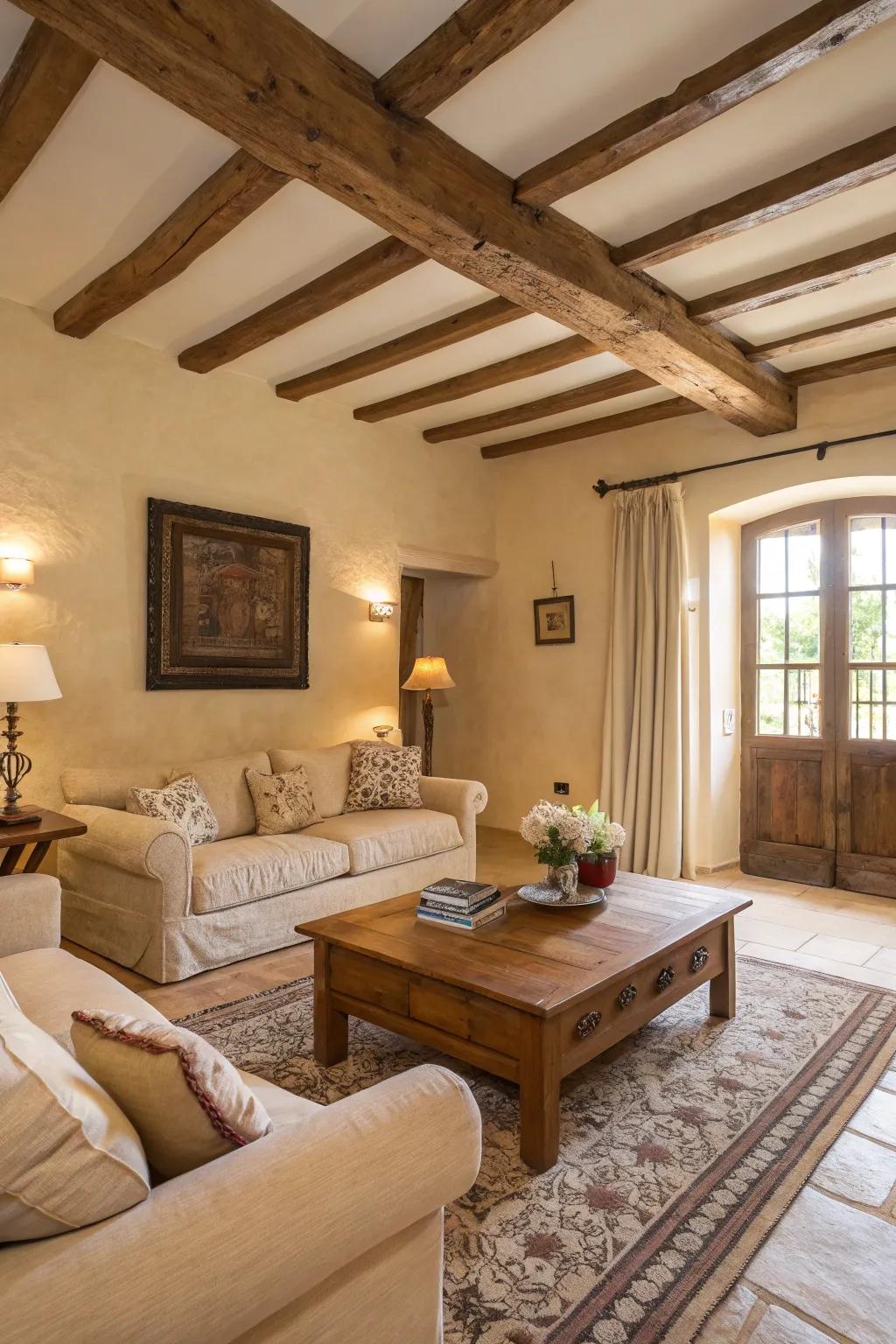 Wood features impart warmth to beige-themed interiors.
