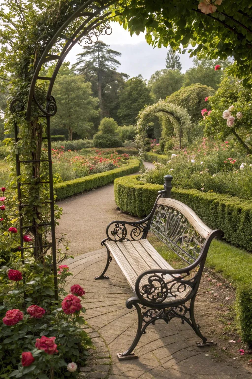 Elaborate vintage-style benches inject enduring elegance.