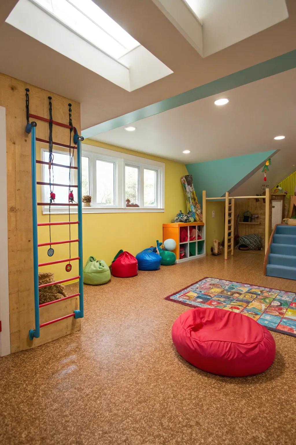 Natural cork planks provide warmth and texture to basements.