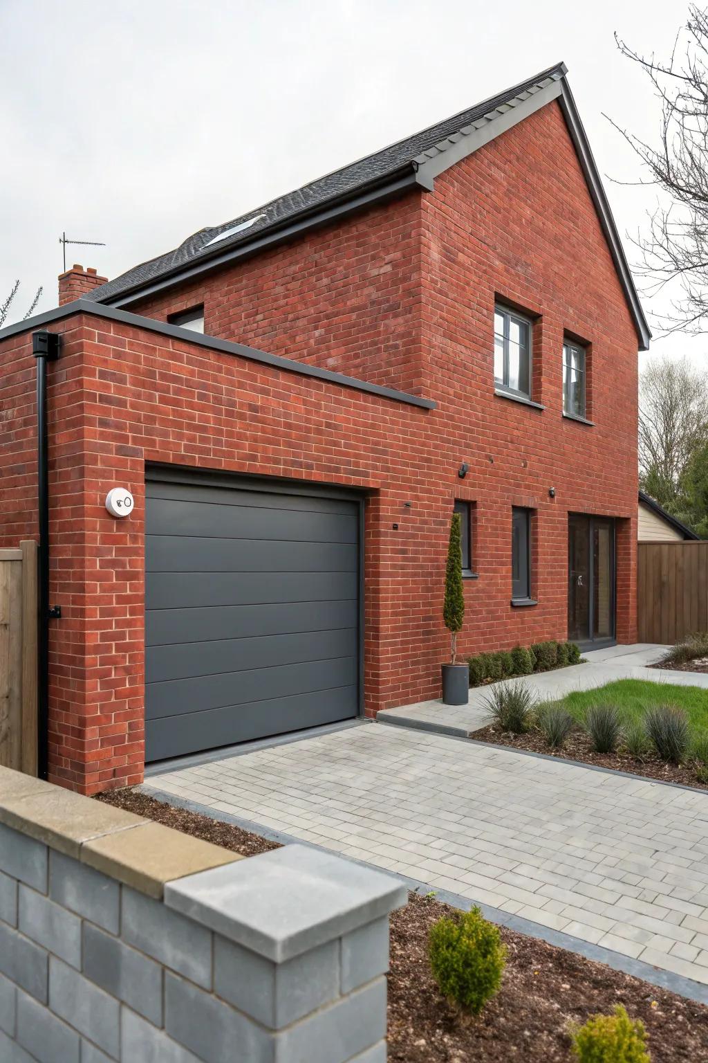 Deep gray garage doors add a modern touch to red brick houses.