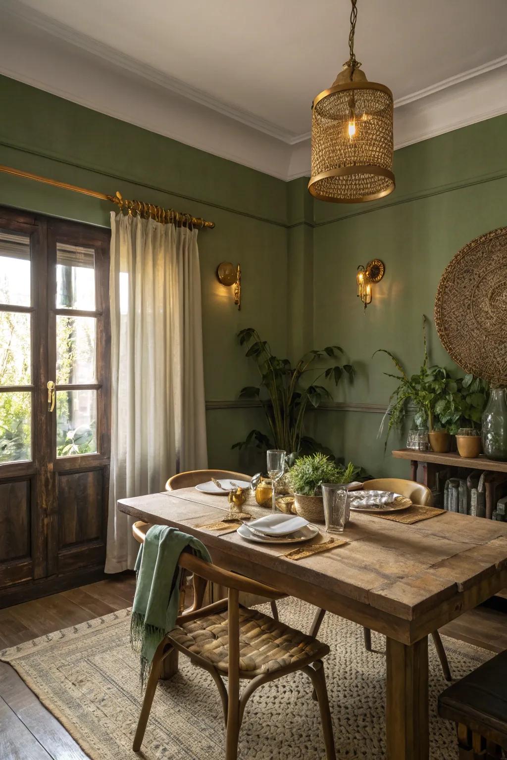 An elegant meals area with golden harvest green walls.