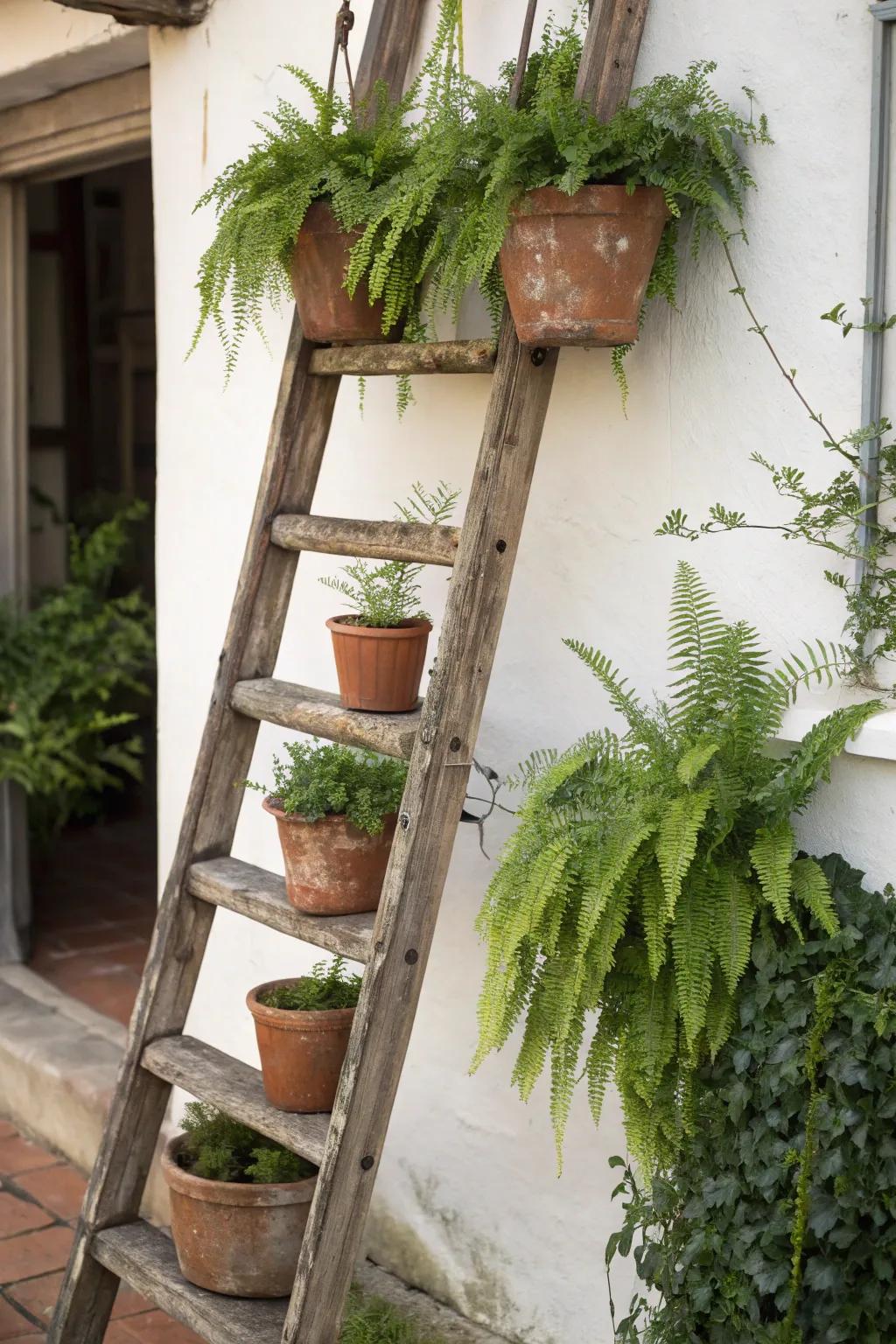 Rustic charm with a ladder plant display.