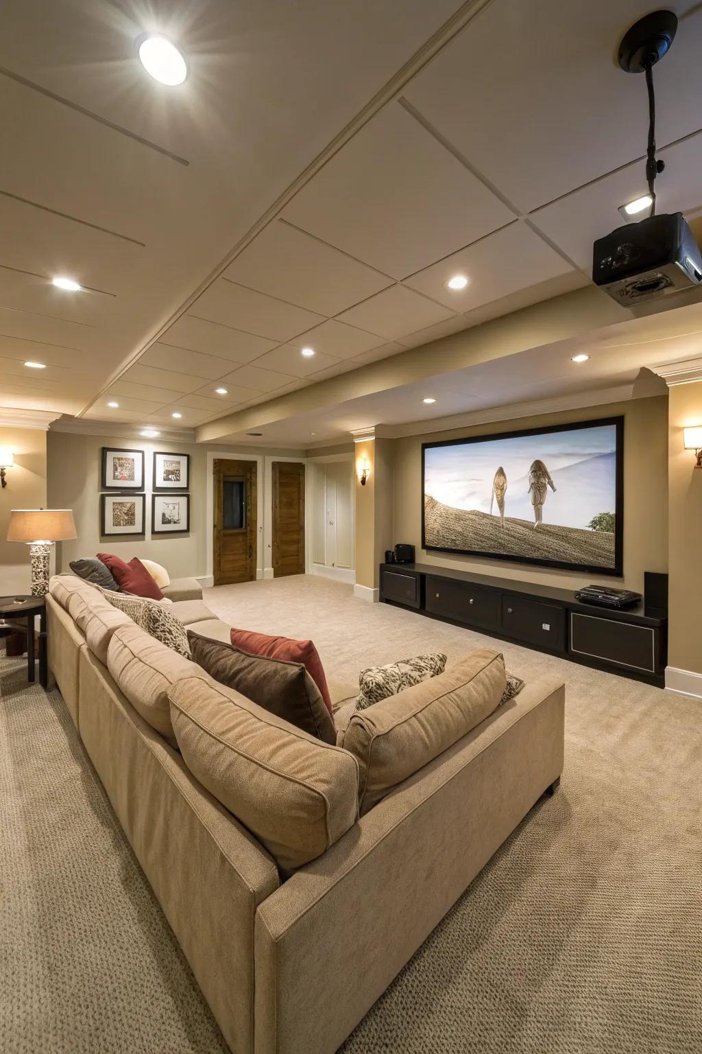 A sectional sofa provides ample seating in this family-friendly theater.