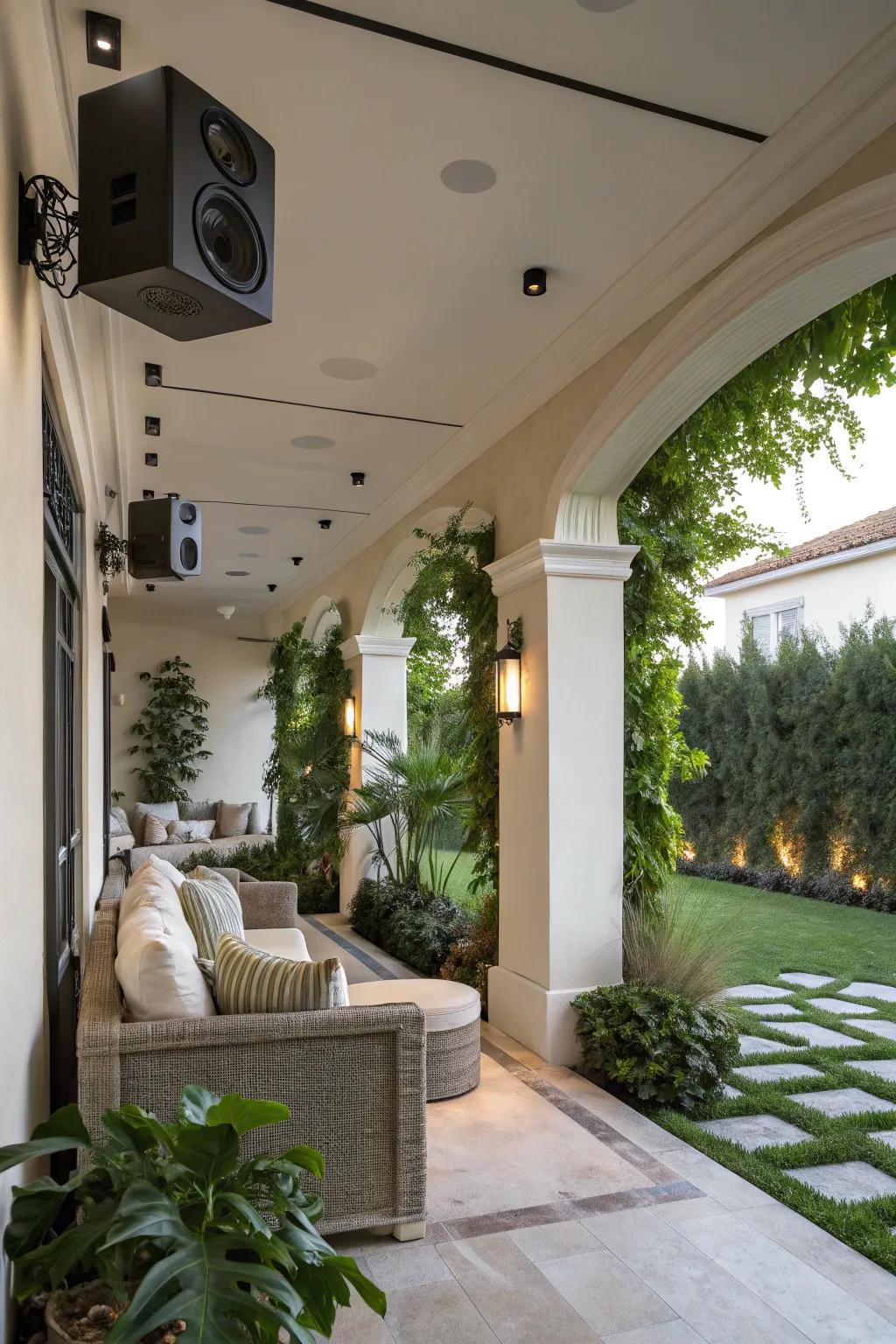 Offering an elegant and long-term audio answer for patios, these speakers mount securely on the wall.