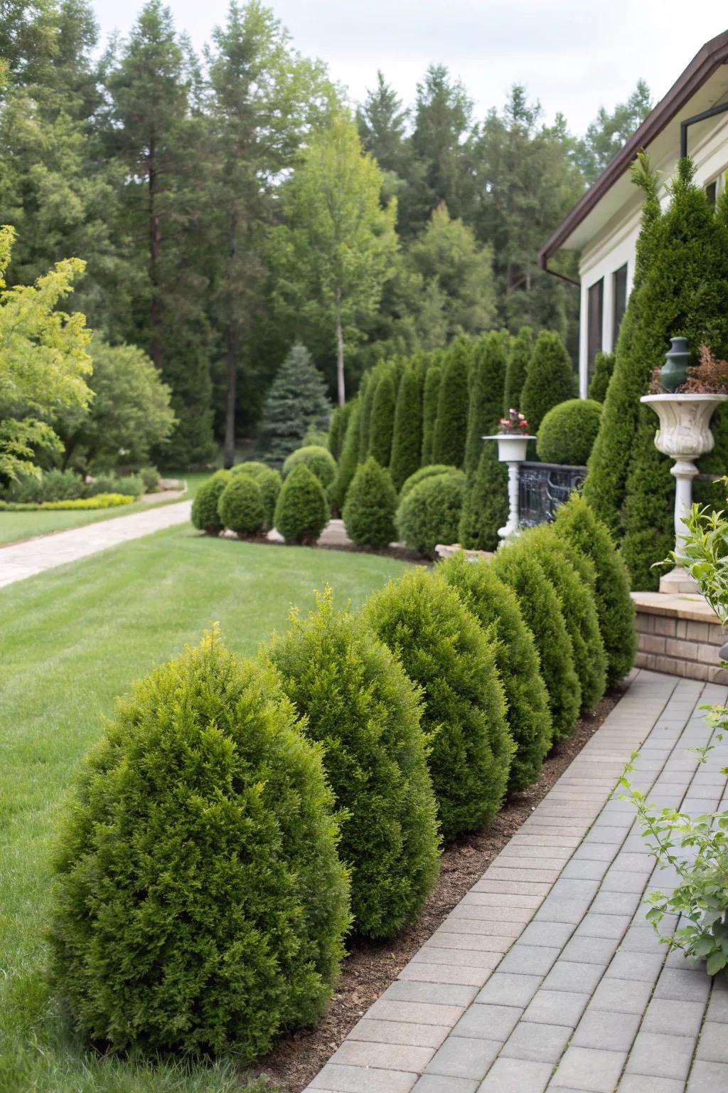 Yew bushes offer consistent green allure.