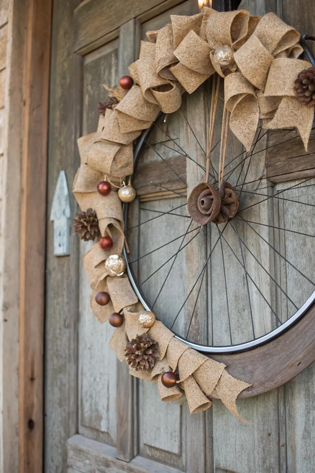 A delightful country bicycle wreath featuring textured fabric and timber embellishments.