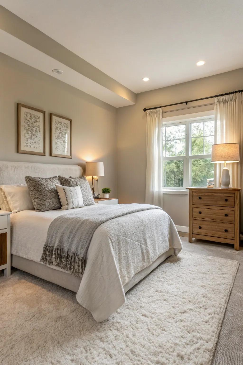 A serene bedroom featuring a soft, neutral color palette.