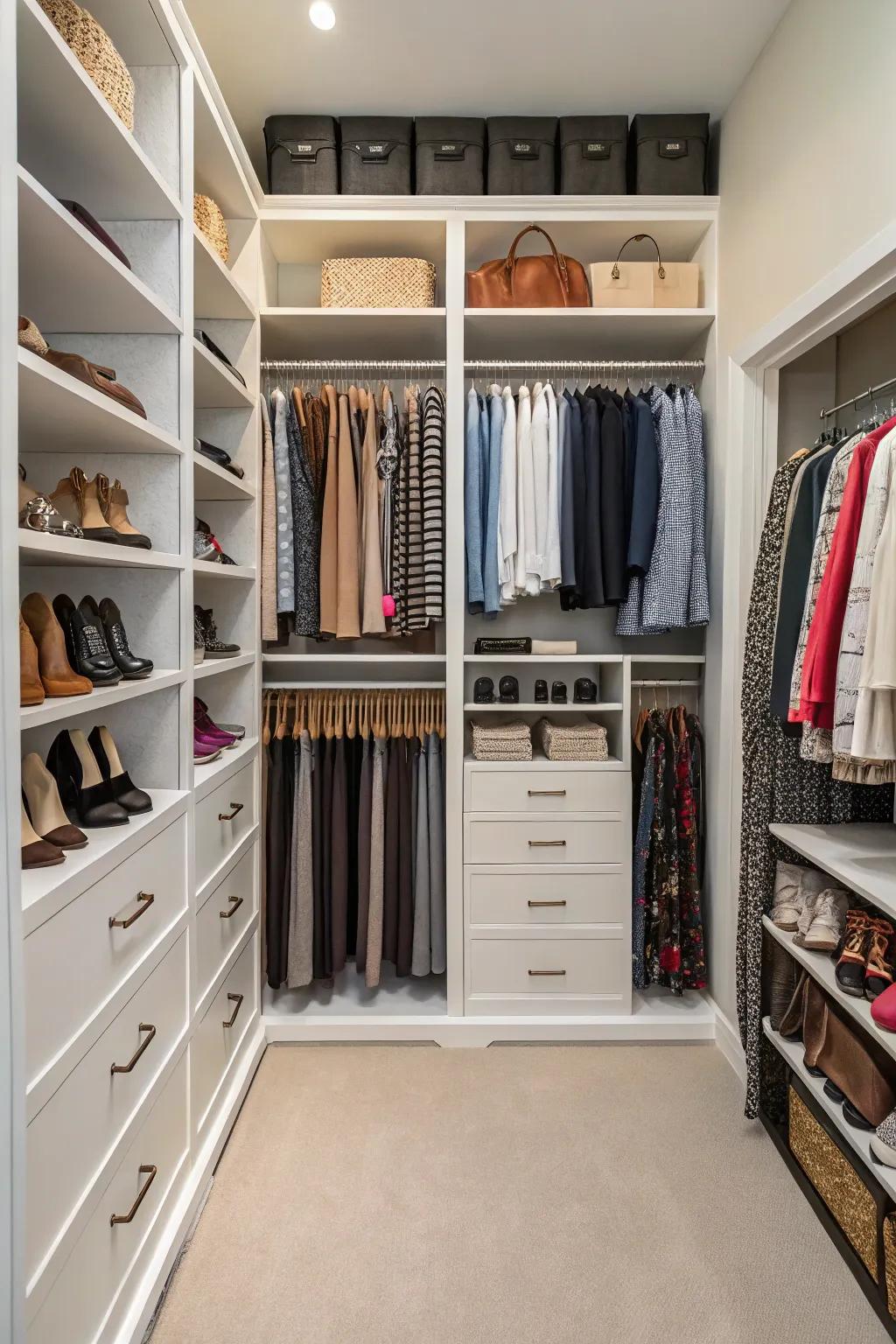 A closet with shelves reaching from floor to ceiling, filled with neatly arranged items.