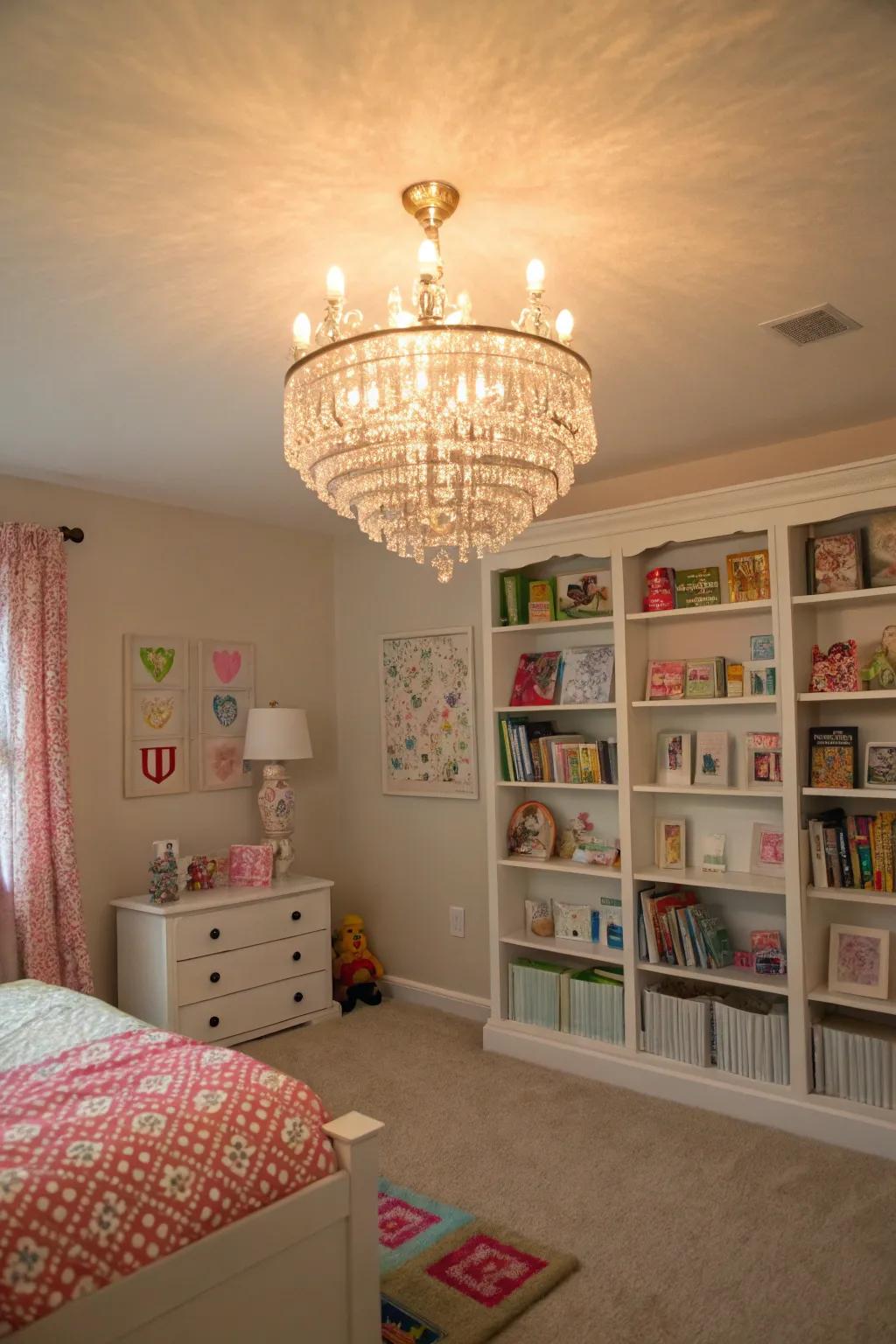 A chandelier enriches the room with sophistication and a welcoming radiance.