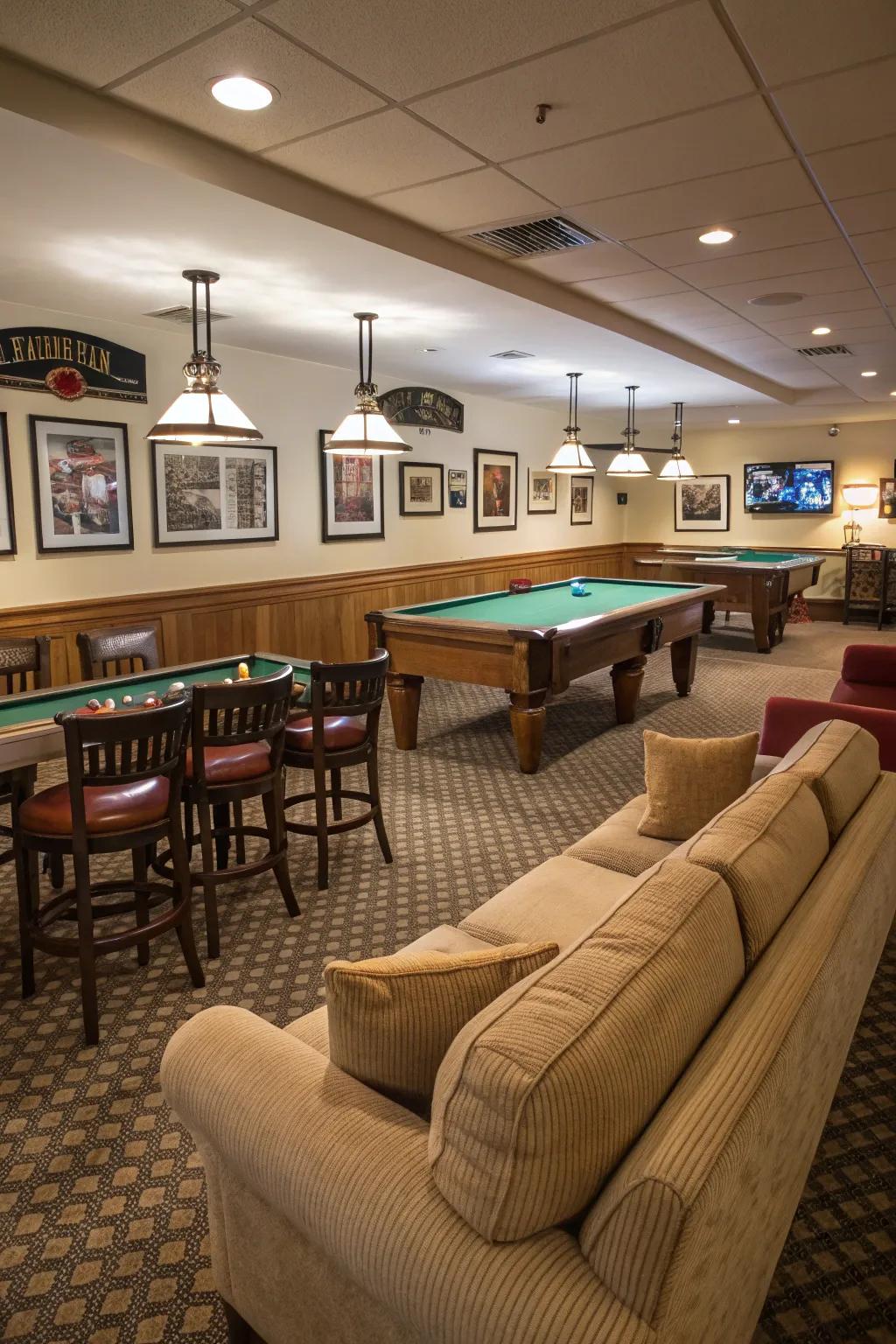 Comfortable seating enhances a welcoming gaming room.