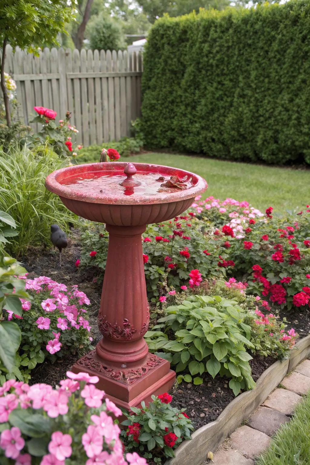 A striking red bird bath amid pink and red blooms, warmly welcoming hummingbirds.