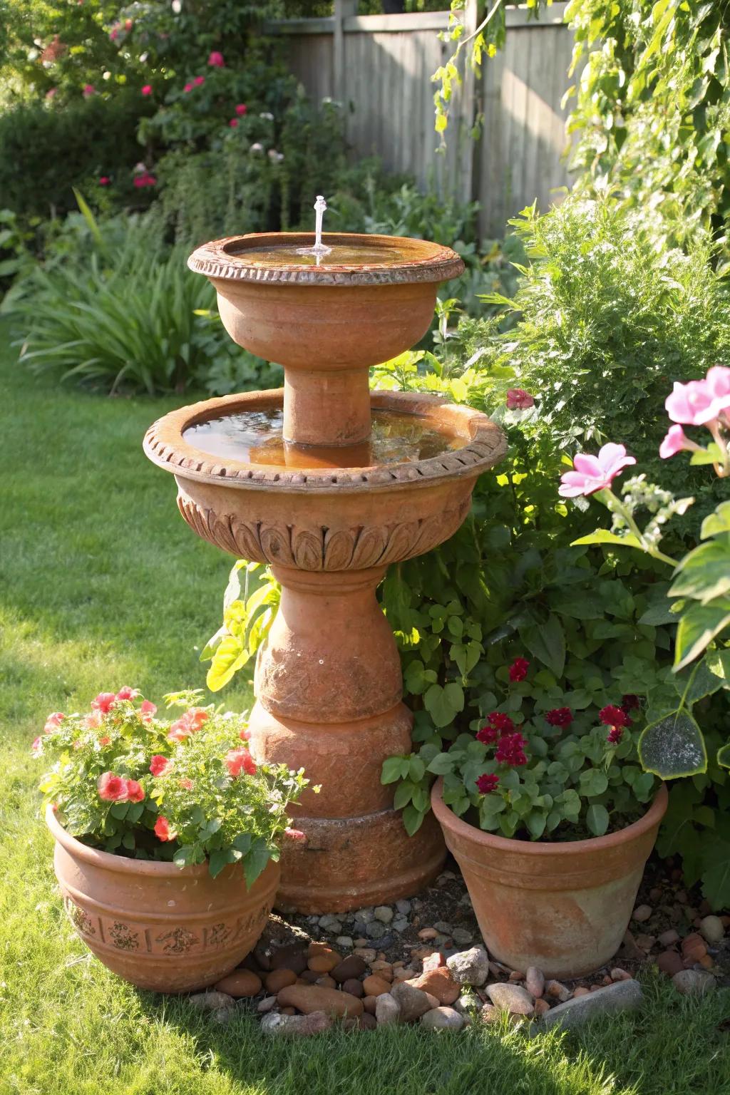 Layered earthenware containers create an inviting bird bath.