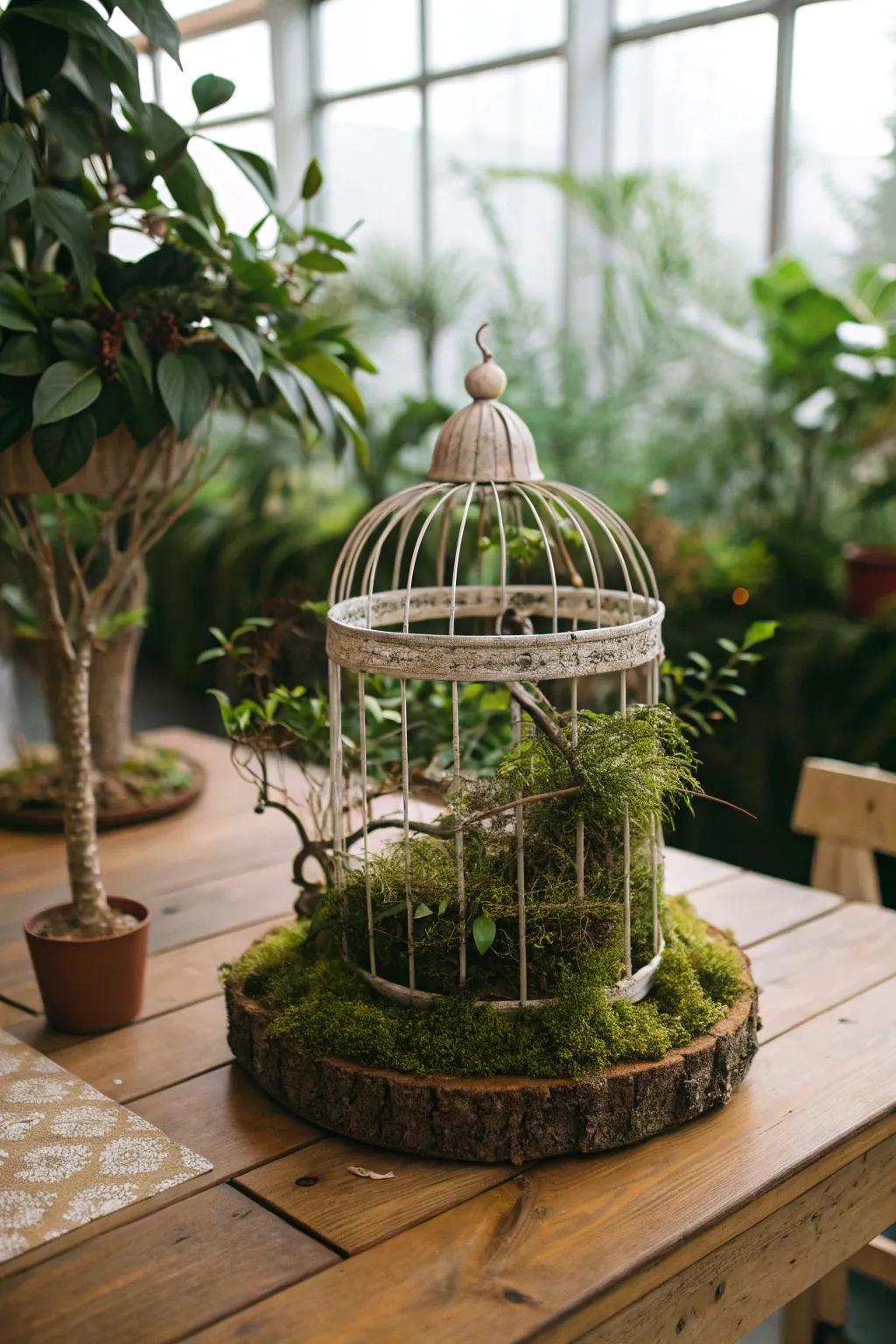 A bird sanctuary centerpiece featuring elements from nature, evoking an earthy ambiance.
