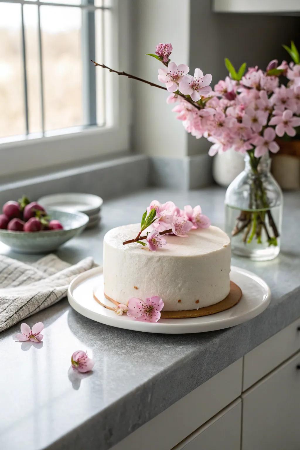 A simple single-layer cake underscoring the splendor of cherry blossoms.