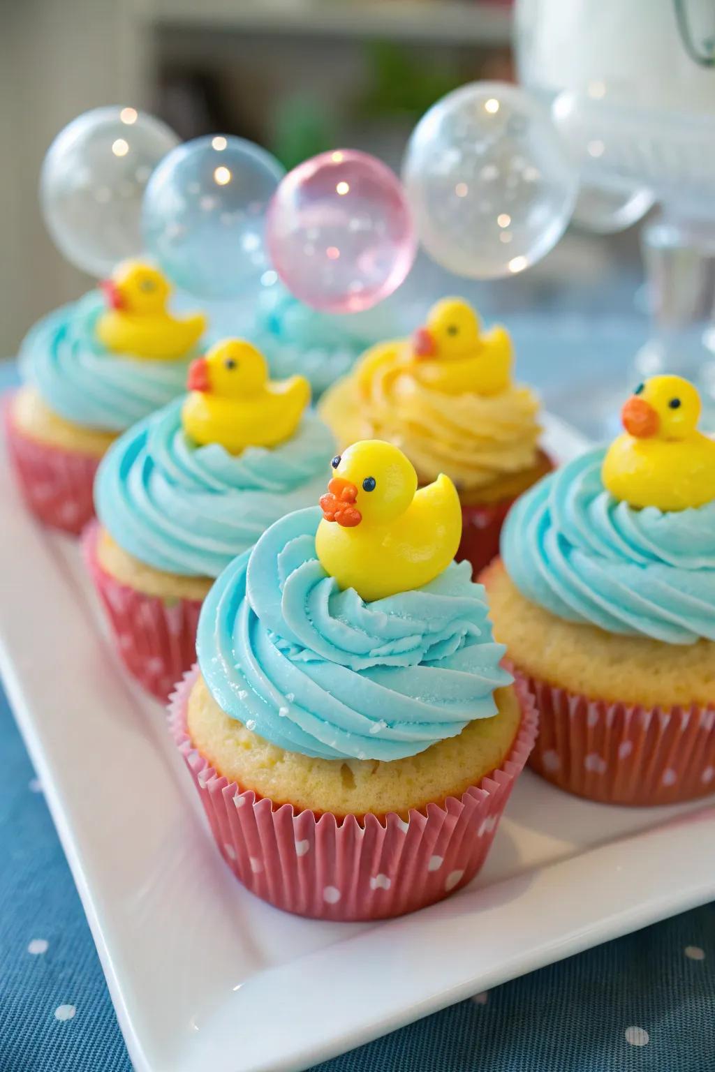 Whimsical ducky and bubble petite cakes.